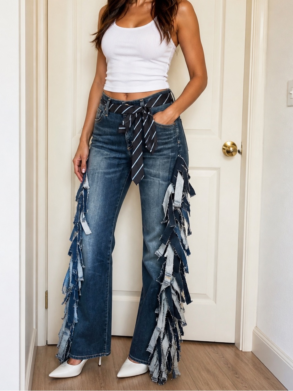 Upcycled handmade with pocket tie belt Dark Blue Fringe Side Jeans size M